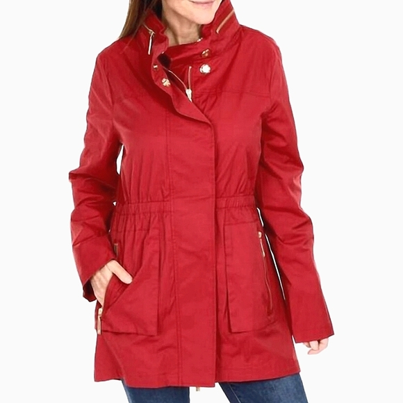 Nikki Jones Red Rain Jacket Anorak Zip-Up Hidden Hood Cinched Waist Women's Sz L - Picture 1 of 15